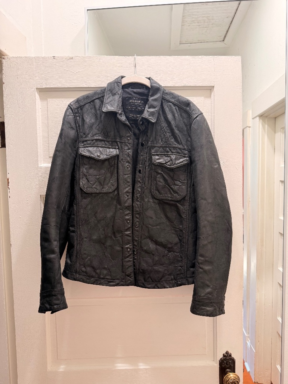 All Saints black leather shirt jacket